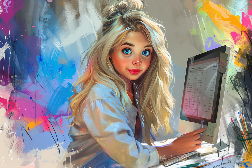 tyttö tietokoneella, illustraatio